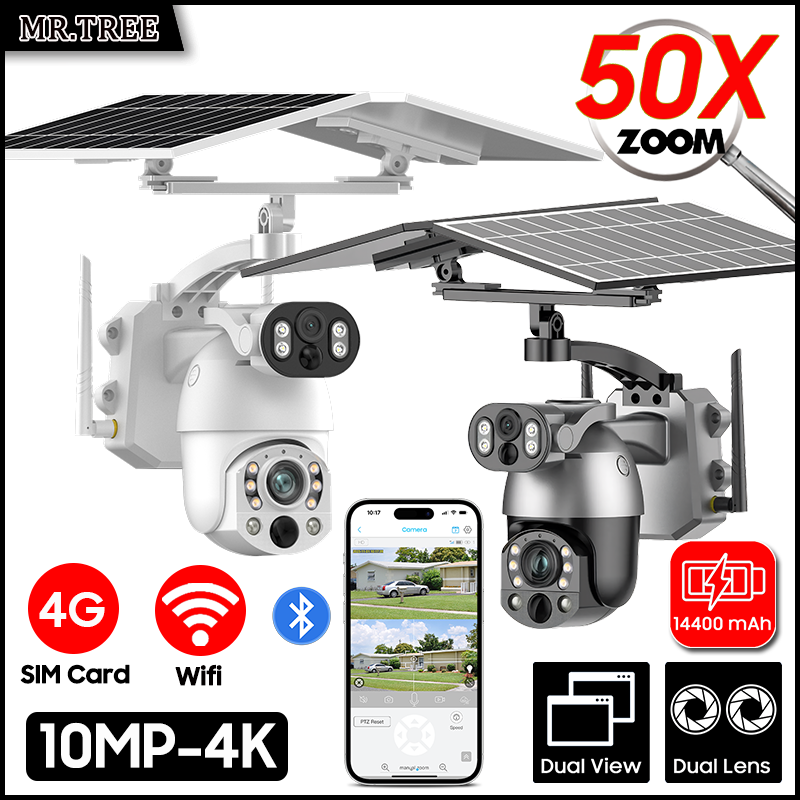 Solar Security Camera Light - 4K 50X Optik Zoom Çift Lensli
